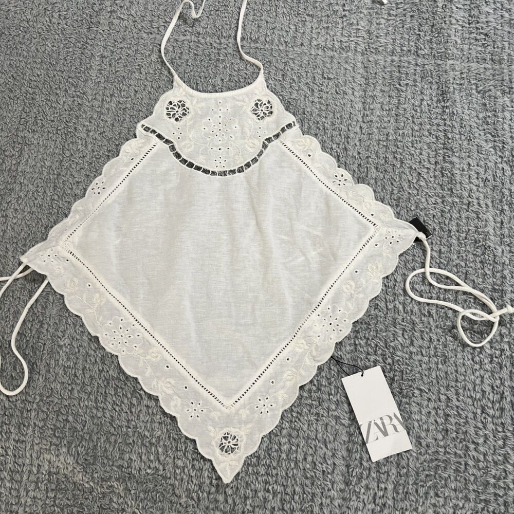 Zara embroidered off-white top halter tieback scalloped BoHo cottage core Xxl